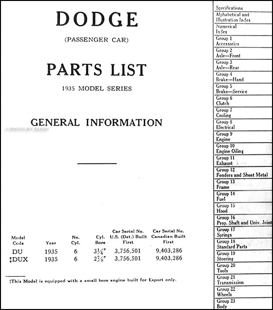 1935 Dodge Car Parts Book