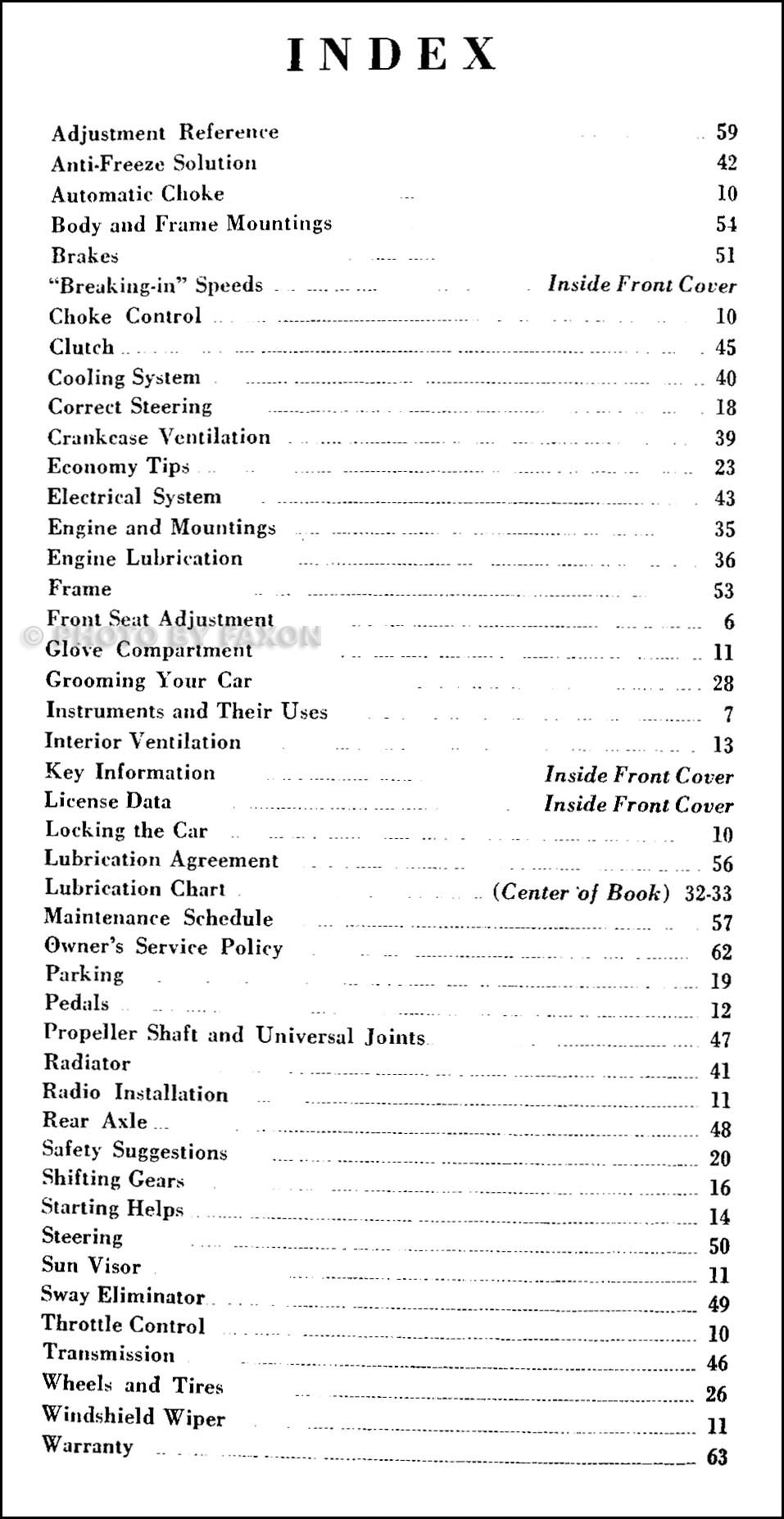 1937 Plymouth P3 and P4 Owners Manual Reprint. Table of Contents