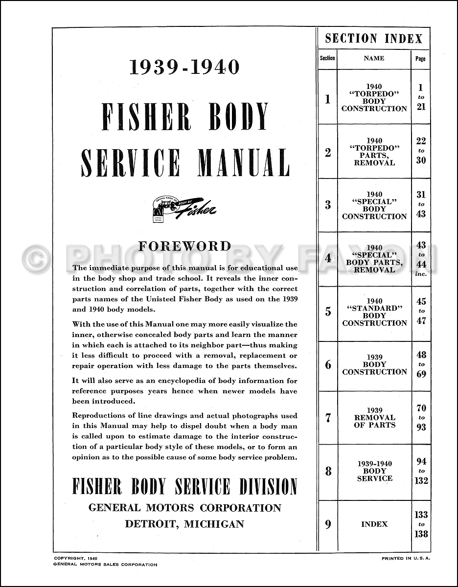 1939-1940 Chevrolet Car Body Manual Reprint. Table of Contents