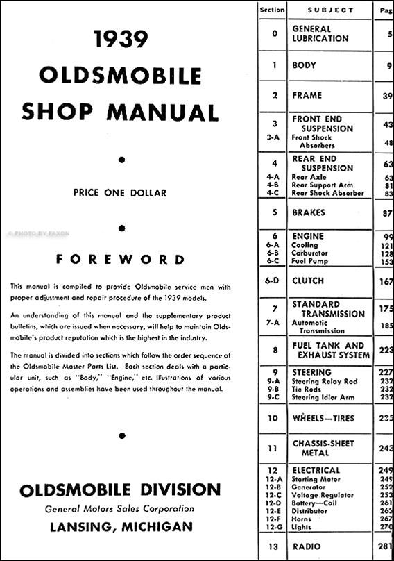 1939 Oldsmobile Repair Shop Manual Original 8 1/2 x 11"