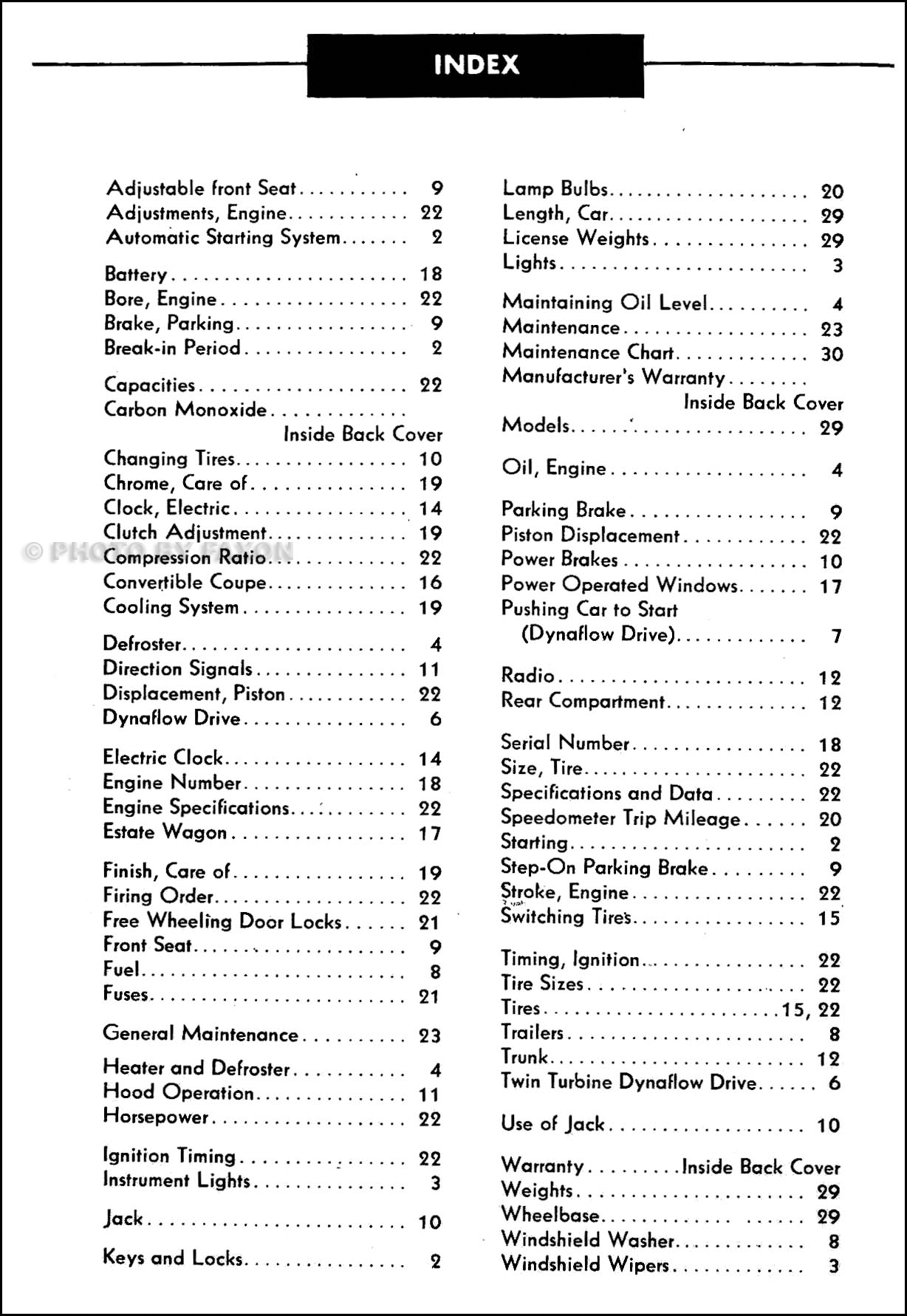 1954 Buick Owners Manual Reprint. Table of Contents