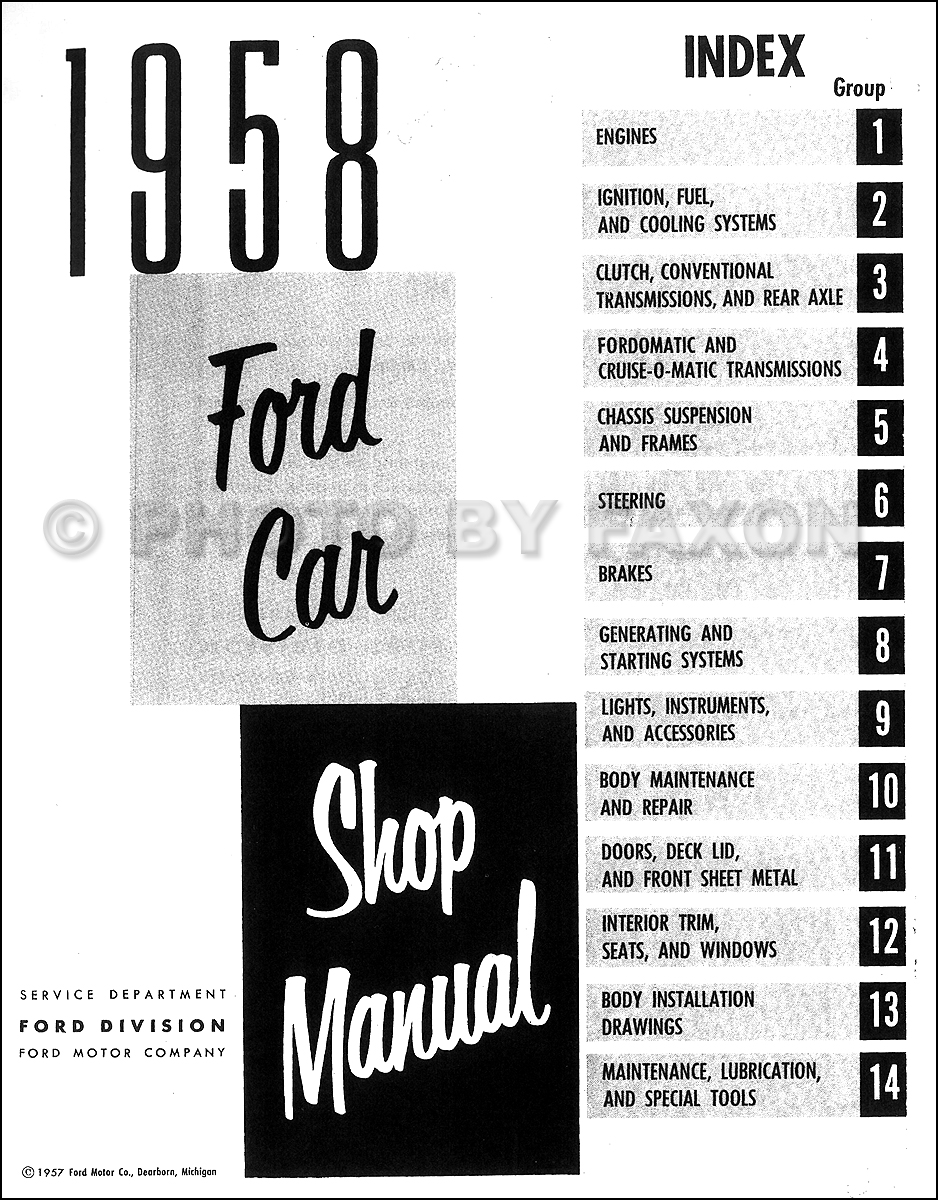 1958 Ford Car Repair Manual Reprint. Table of Contents