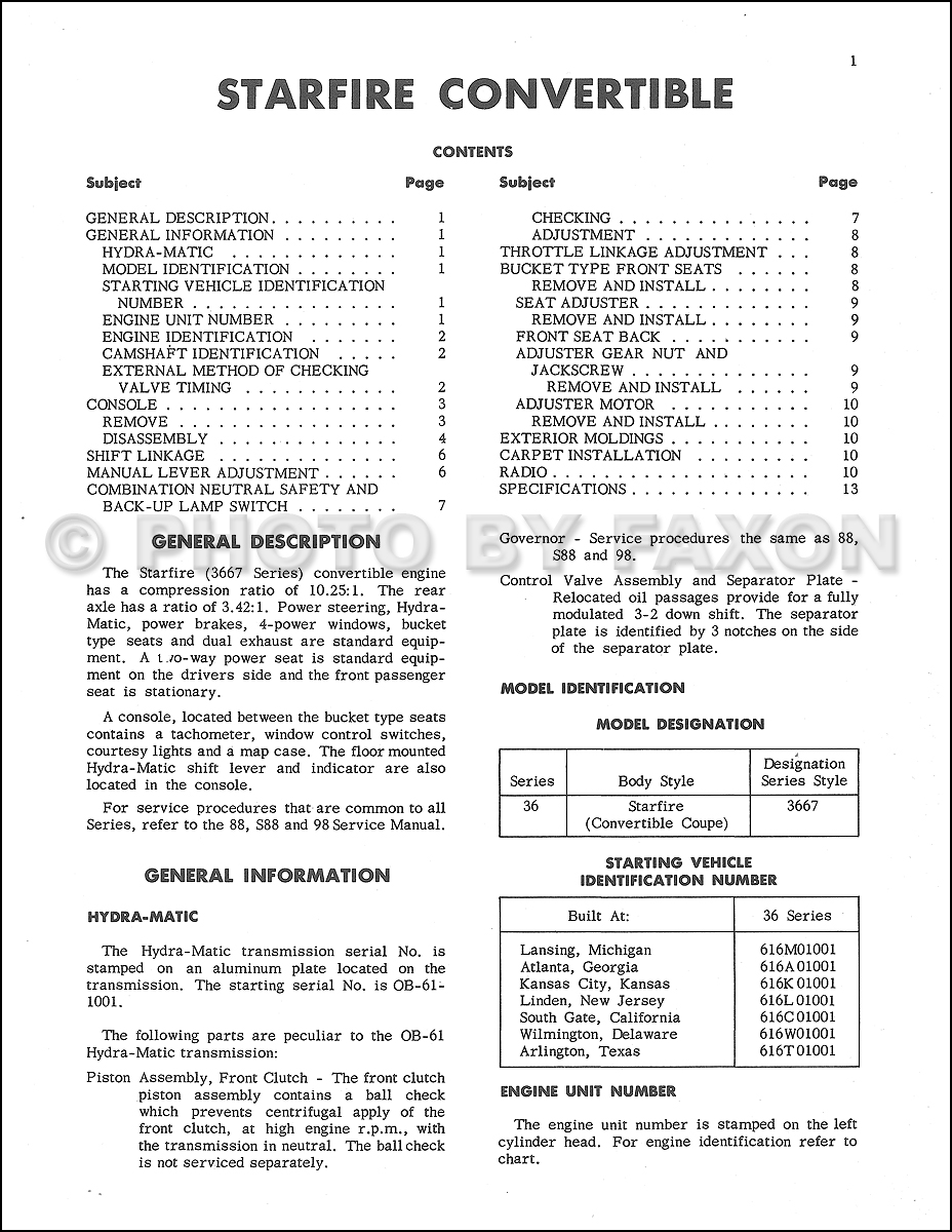 1961 Oldsmobile Starfire Repair Manual Supplement Reprint. Table of Contents