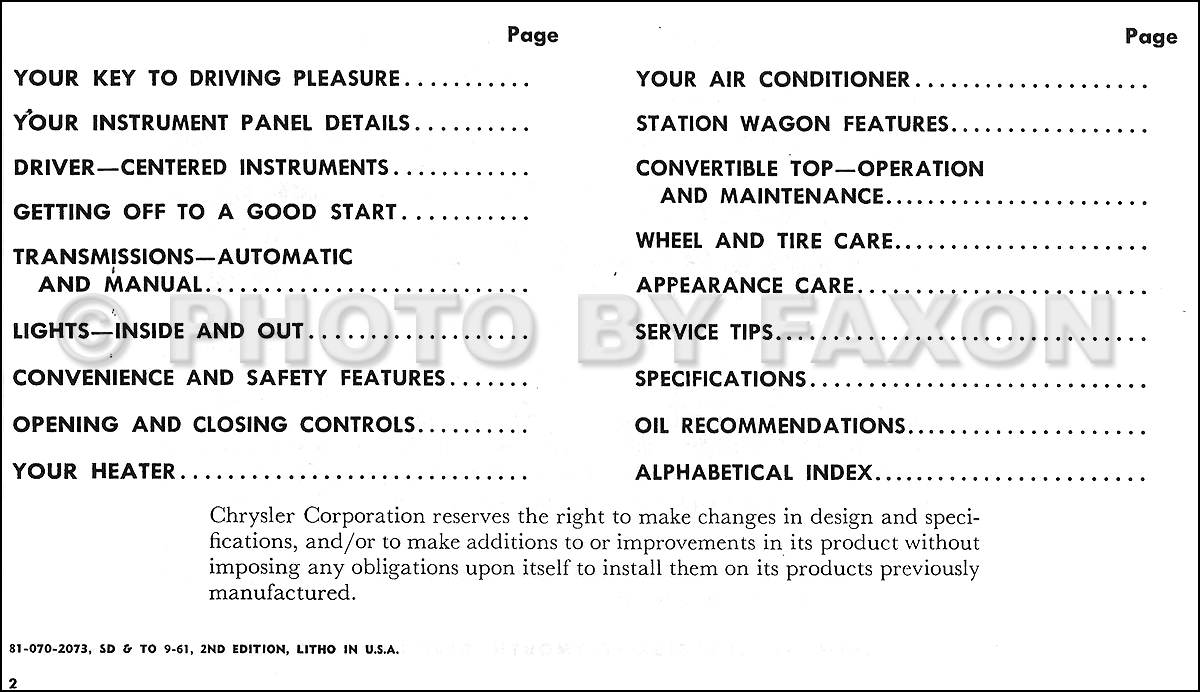 1962 Chrysler Owner's Manual Reprint New Yorker Newport 300 Town & Country. Table of Contents