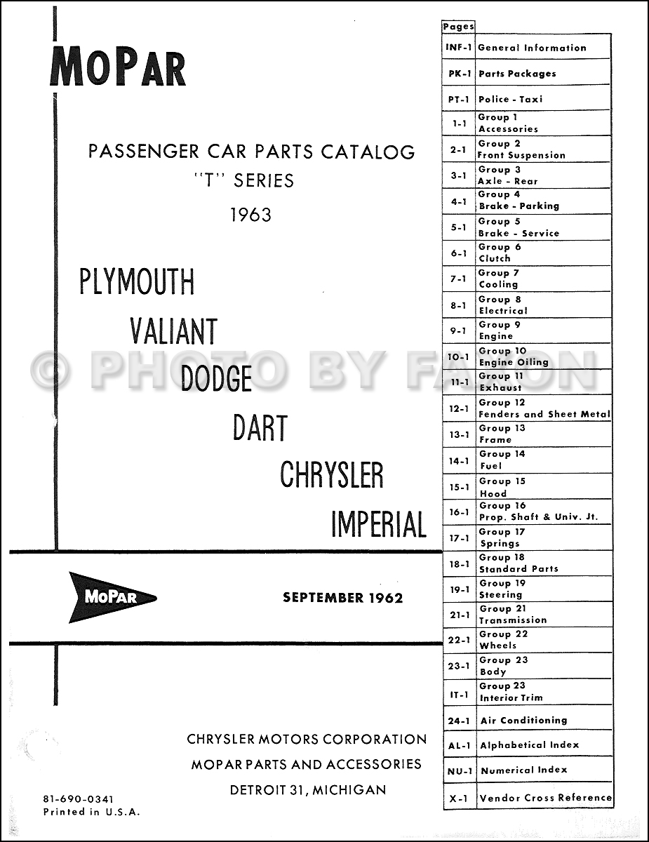 1963 Chrysler, Plymouth, Dodge Car Parts Book Reprint