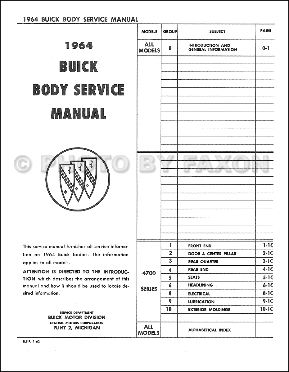 1964 Buick Body Shop Manual Original - All Series. Table of Contents