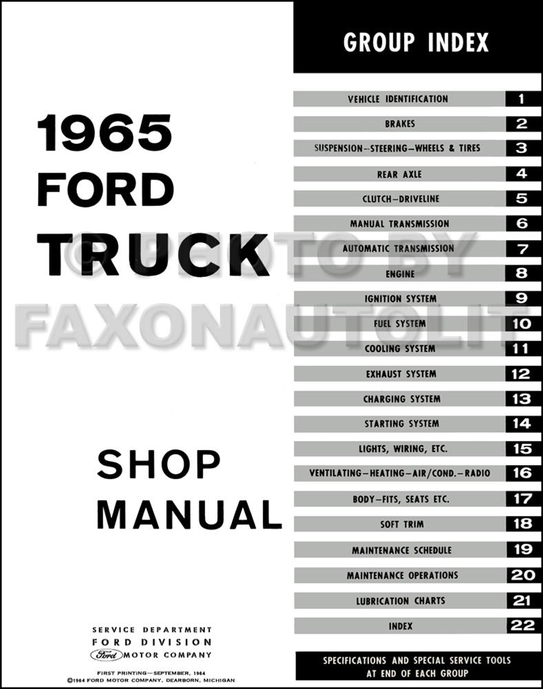 1966 Ford Truck Shop Manual Reprint Set. Table of Contents Page