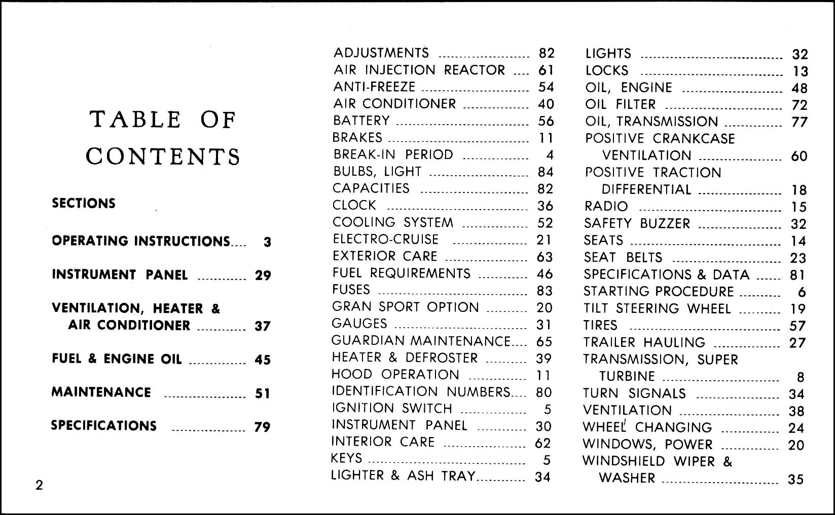 1966 Buick Riviera Owners Manual Reprint. Table of Contents Page