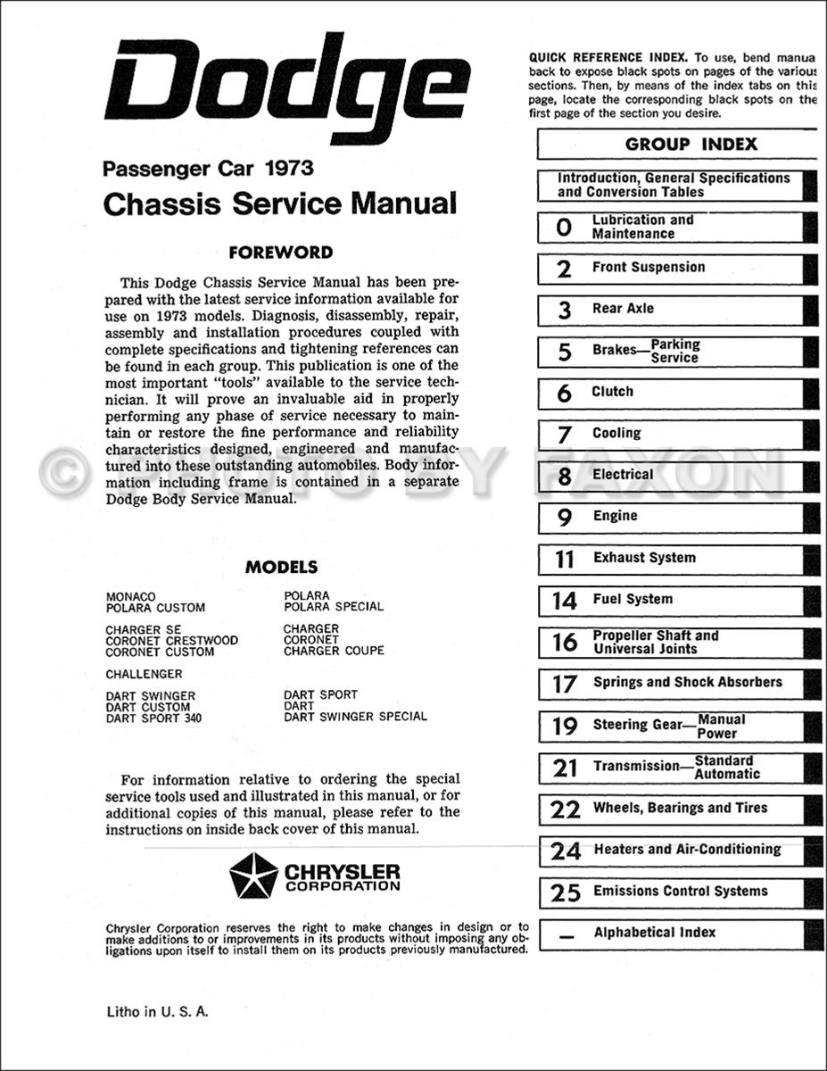 1973 Dodge Repair Shop Manual Reprint Challenger Charger Coronet Dart Polara Monaco. Table of Contents
