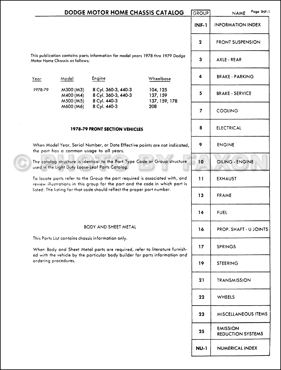 19781982 Dodge Motor Home Chassis Parts Catalog Reprint