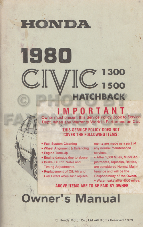 1980 Honda Civic Hatchback Owner's Manual Original
