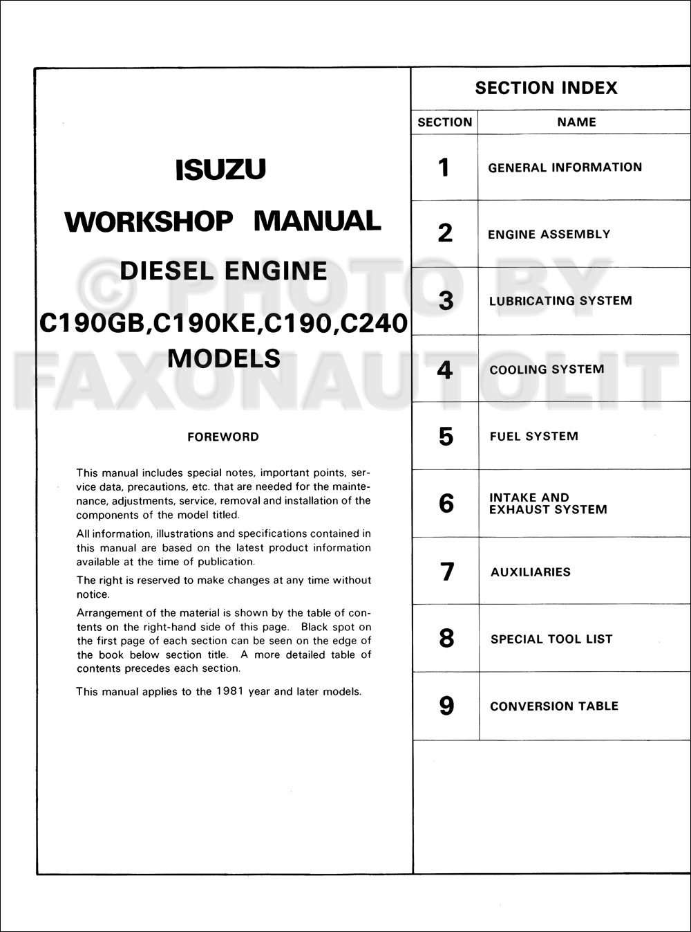 1981 Isuzu Diesel Engine Repair Shop Manual Original C190GB C190KE C190 C240 non-U.S.