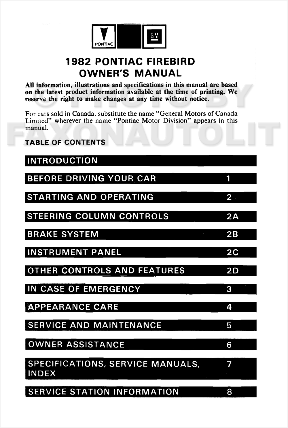 1982 Pontiac Firebird Owners Manual Reprint Trans Am Formula Esprit