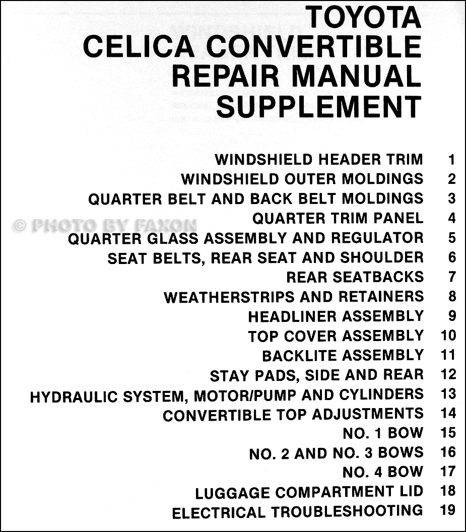 1995 Toyota Celica Convertible Repair Manual Original Supplement · Table of Contents