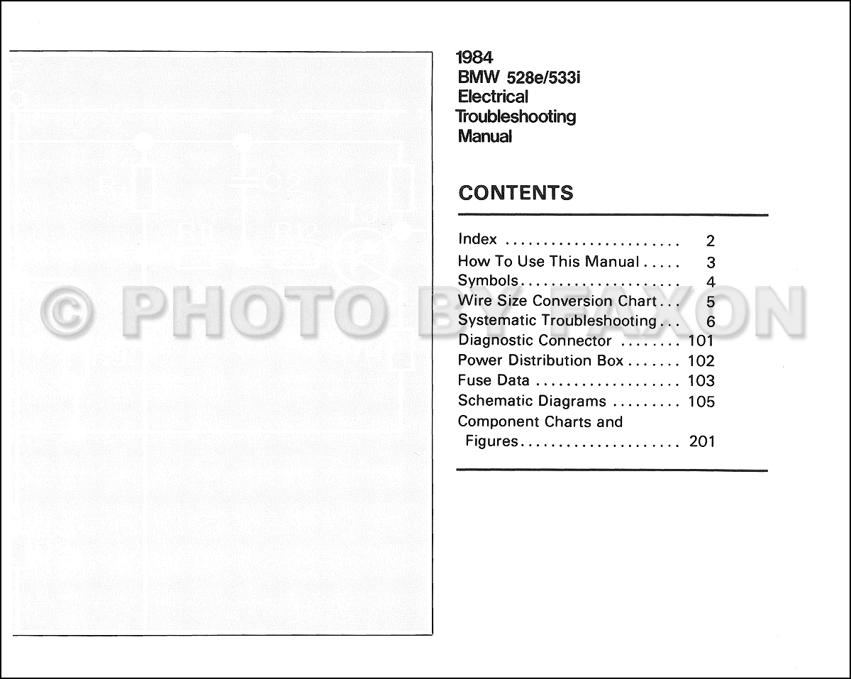 1984 BMW 528e/533i Electrical Troubleshooting Manual Reprint. Table of  Contents