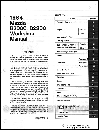 1984 Mazda Pickup Truck Repair Shop Manual Original B2000 & B2200