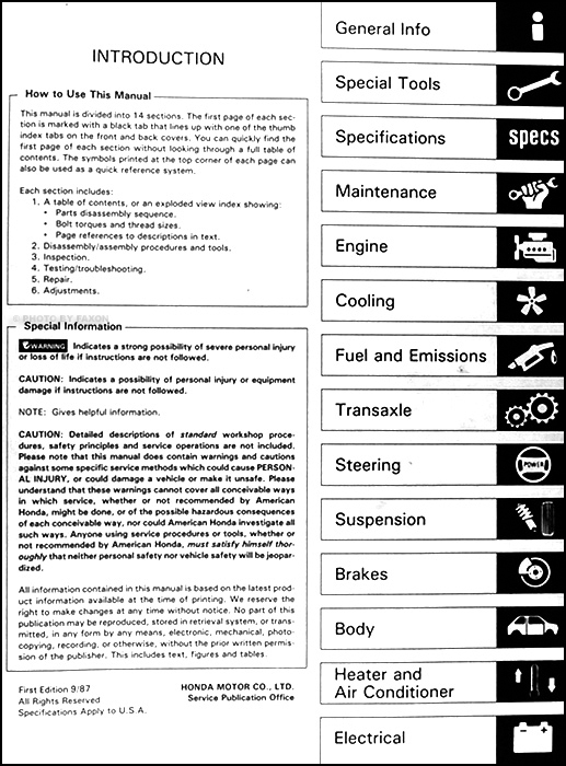 1988 Honda Accord Repair Shop Manual Original