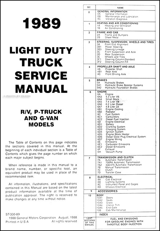 1989 Chevy Truck Repair Shop Manual Original Pickup Blazer ... 1937 chevy truck wiring diagram 