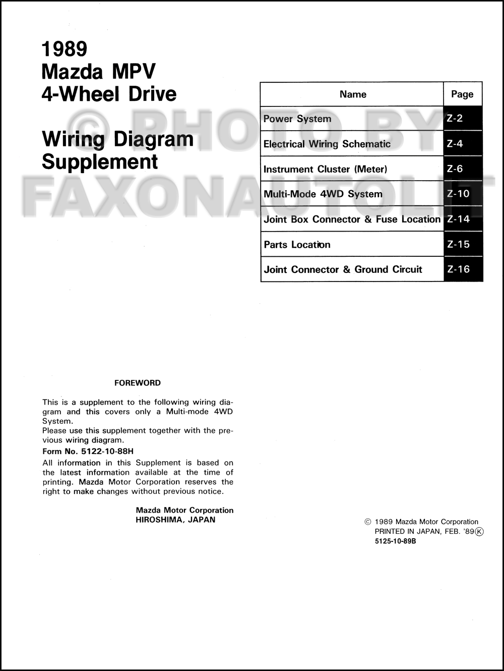 1989 Mazda Mpv Wiring Diagram Manual Original