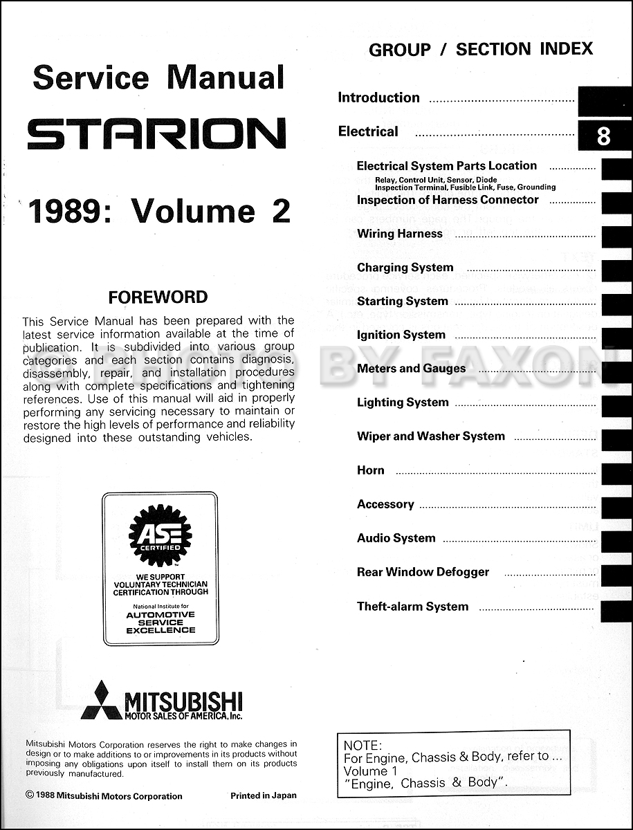 1988 Mitsubishi Starion Repair Manual Original 2 Vol. Set · Table of Contents: Volume 1 · Table of Contents: Volume 2
