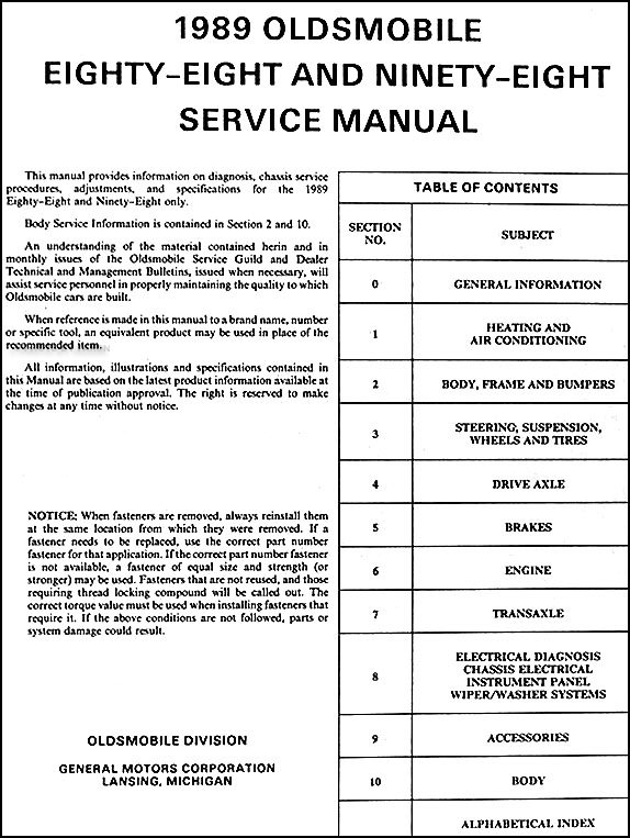 1989 Oldsmobile 88 Royale, Ninety Eight Regency Repair ... 1948 oldsmobile wiring diagram 