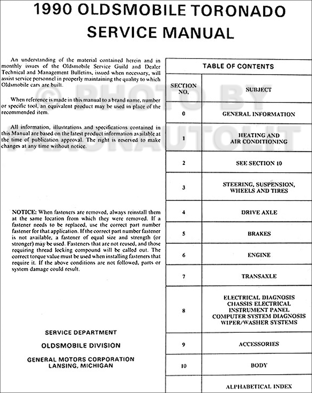 1990 Oldsmobile Toronado & Trofeo Repair Manual Original · Table of Contents