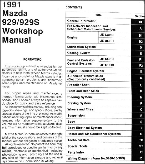 1991 Mazda 929 Repair Shop Manual Original