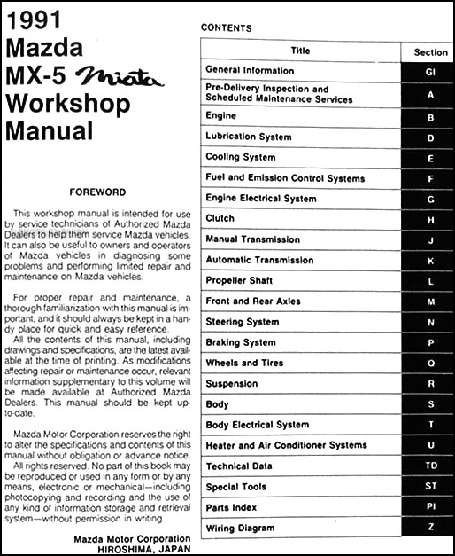 1991 Mazda MX-5/Miata Repair Shop Manual Original