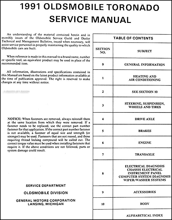 1991 Oldsmobile Toronado & Trofeo Repair Shop Manual Original