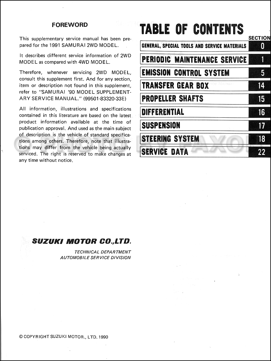 1989 Suzuki Samurai Repair Manual Supplement Original · Table of Contents