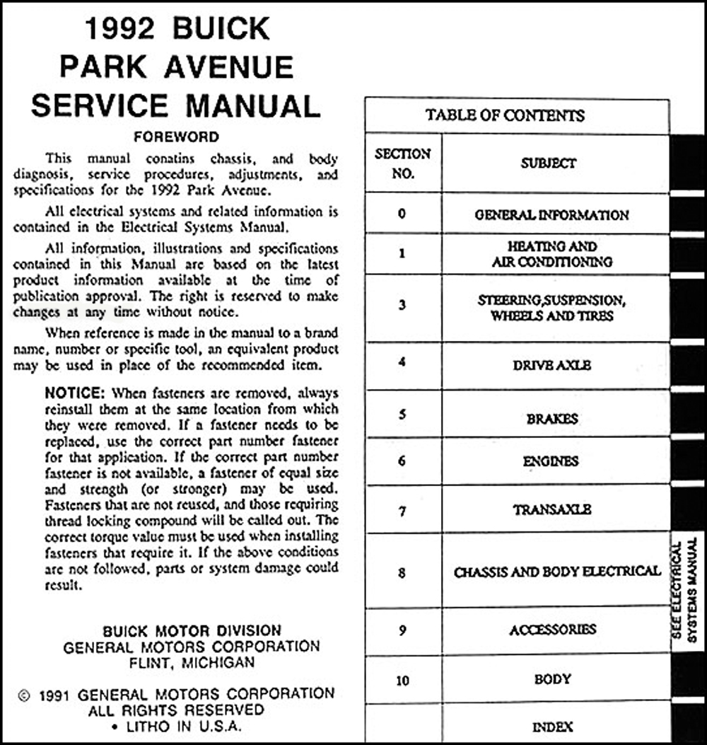 1992 Buick Park Avenue and Park Avenue Ultra Repair Shop Manual Original