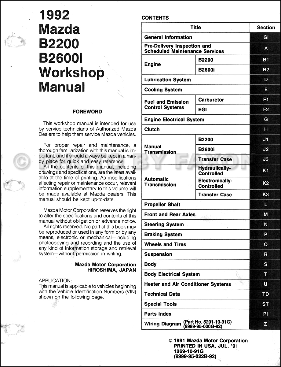 1992 Mazda Pickup Truck Repair Manual Original B2200 & B2600i · Table of Contents