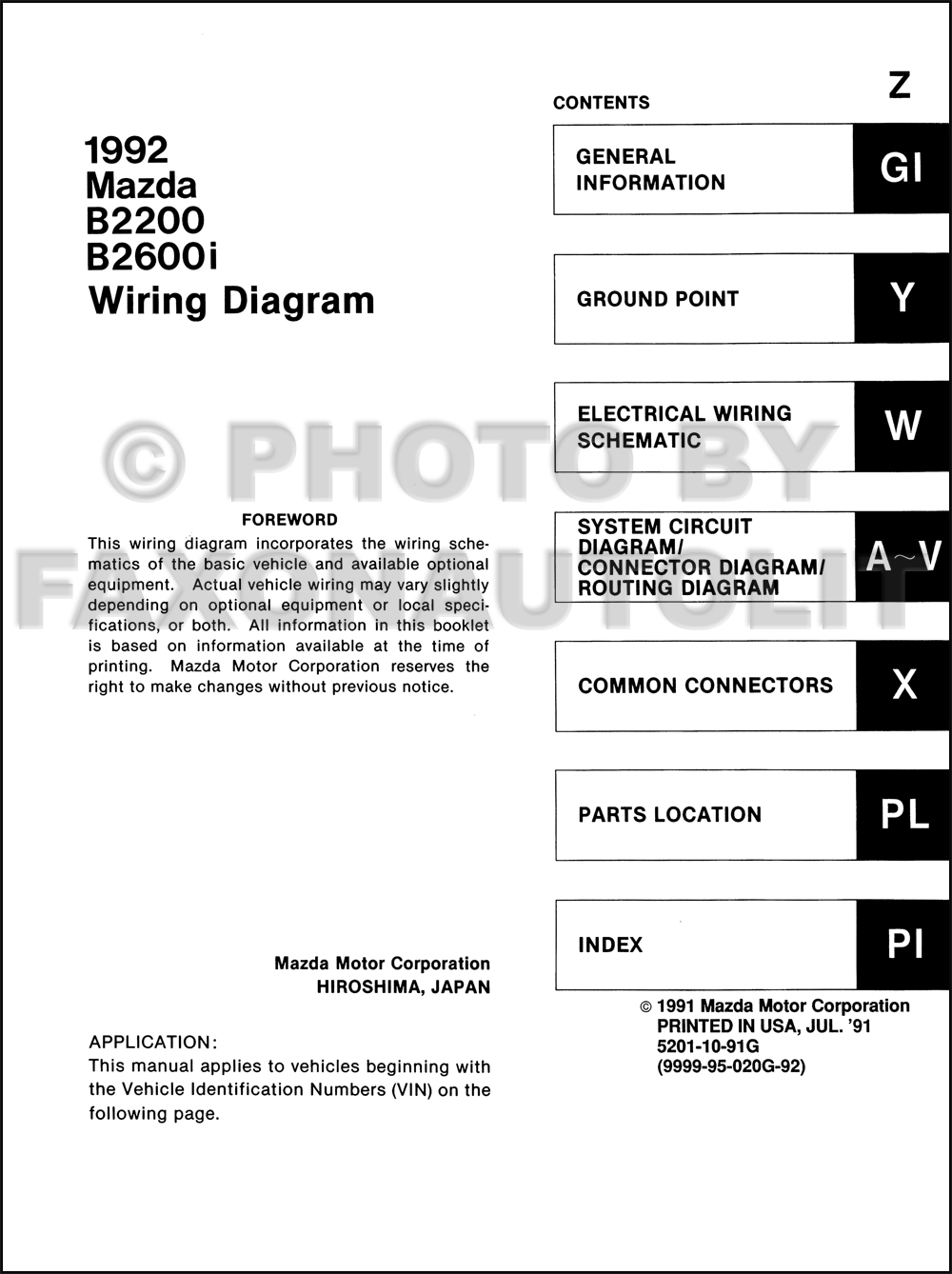 1992 Mazda B2200 B2600i Pickup Truck Wiring Diagram Manual Original