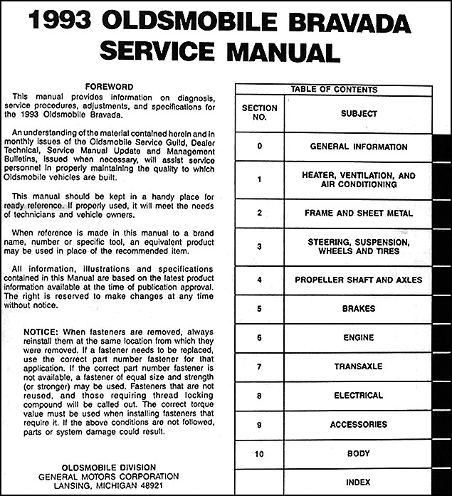 1993 Oldsmobile Bravada Repair Shop Manual Original