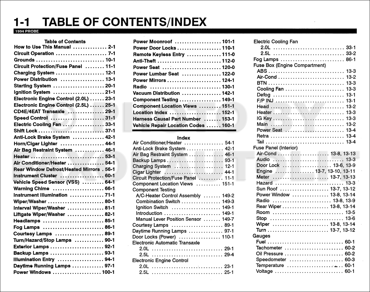 1994 Ford Probe Electrical & Vacuum Troubleshooting Manual Original · Table  of Contents Page 1