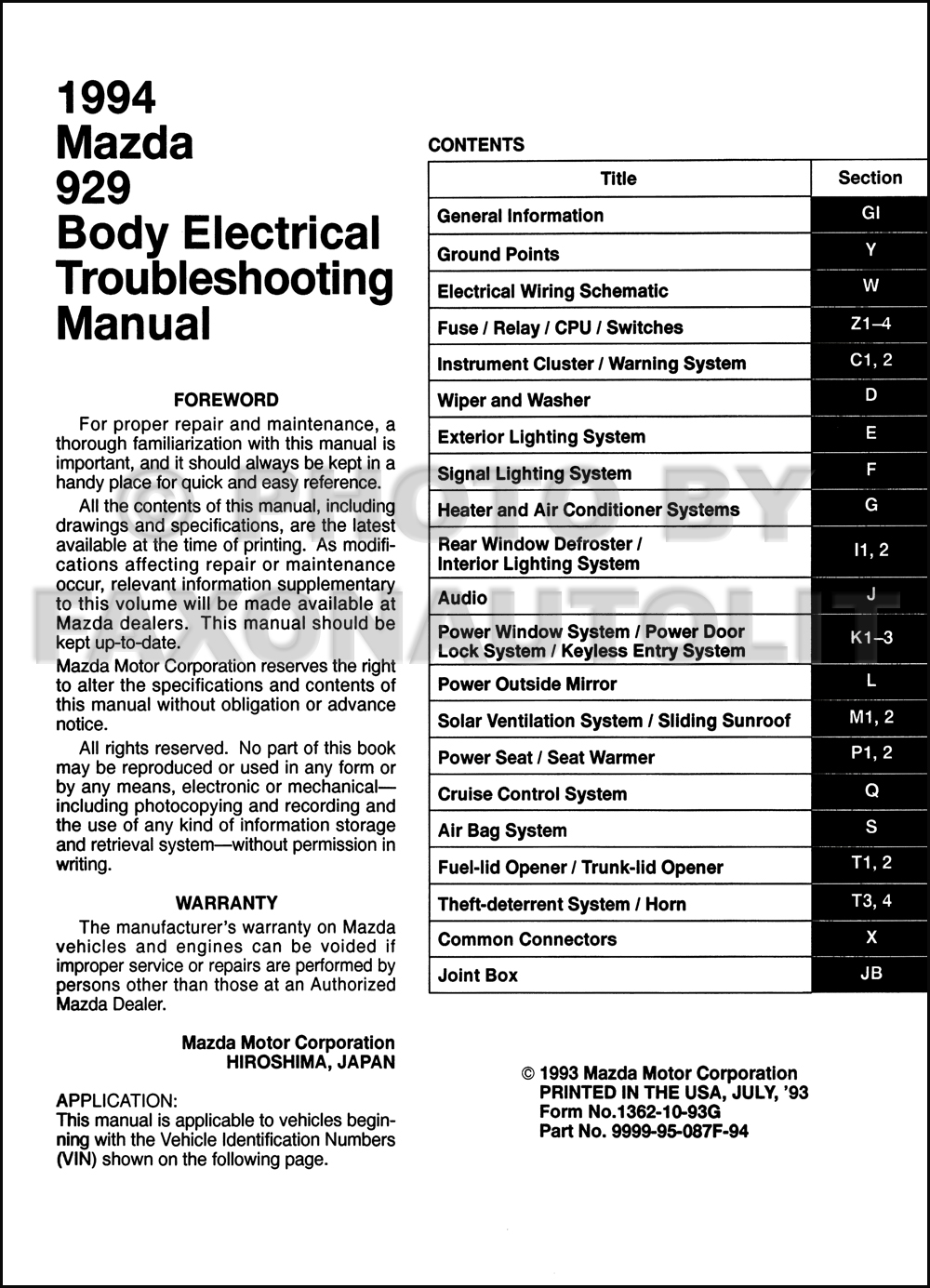 1994 Mazda 929 Body Electrical Troubleshooting Manual Original