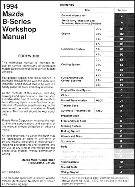 1994 Mazda Pickup Truck Repair Shop Manual Original B2300 B3000 B4000