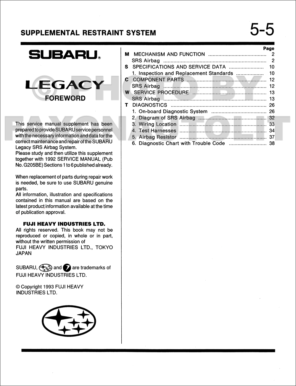 1994 Subaru Legacy Repair Shop Manual Supplement Original