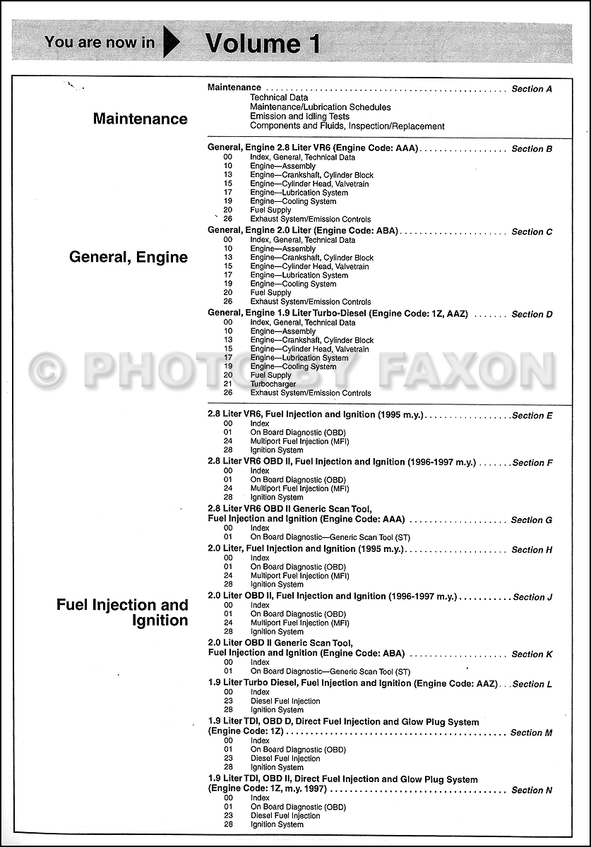 ... VW Passat Bentley Repair Manual 2 Vol. Set. Table of Contents Volume 1