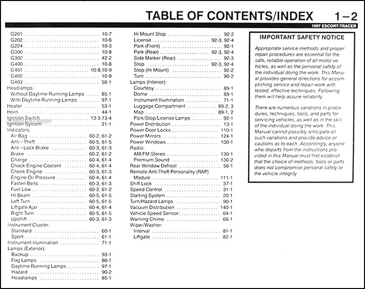 1997 Ford Escort and Mercury Tracer Electrical Troubleshooting Manual