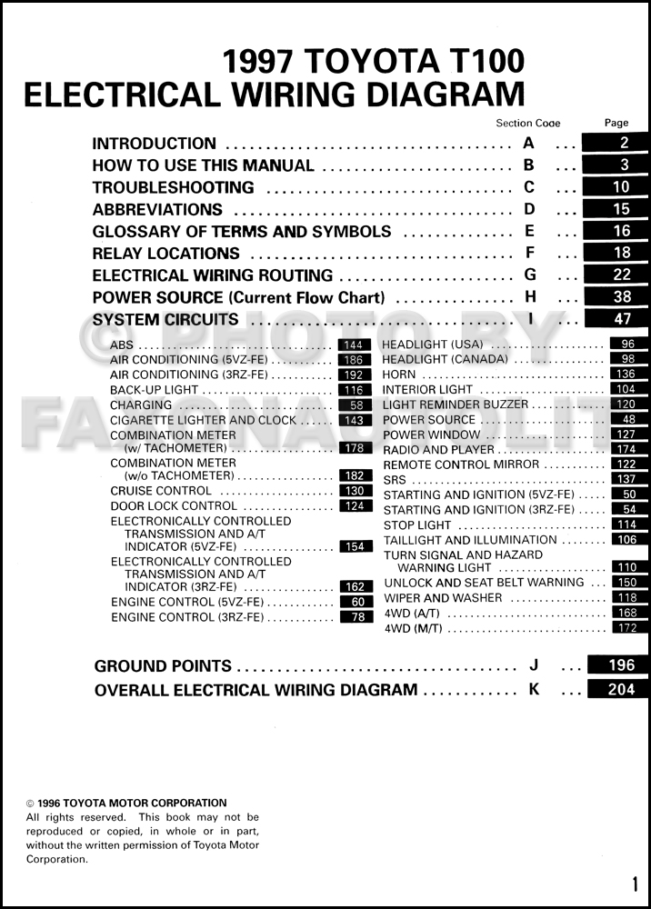 1997 Toyota T100 Truck Wiring Diagram Manual Original