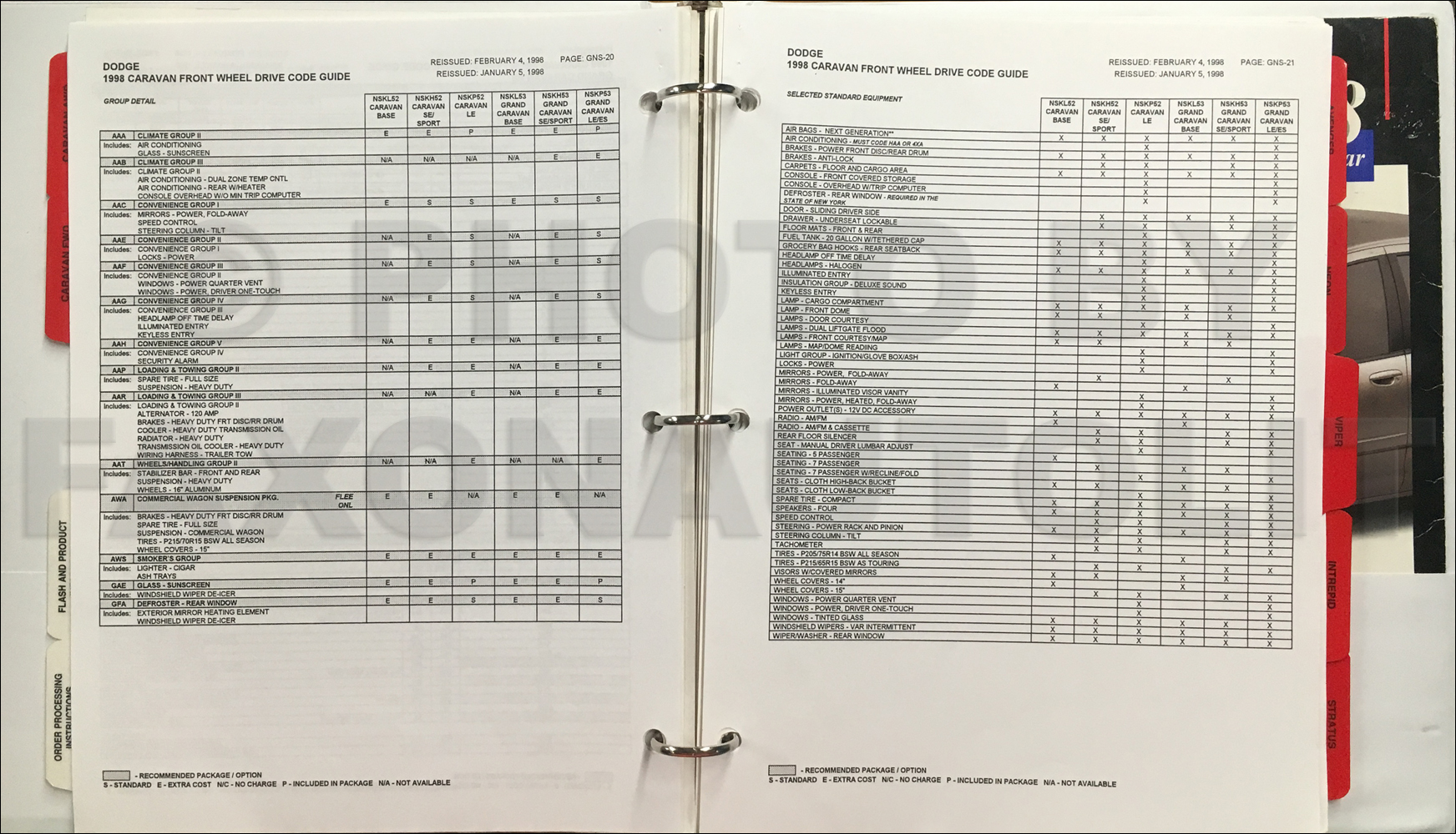 1998 Dodge Car Ordering Code Guide Original