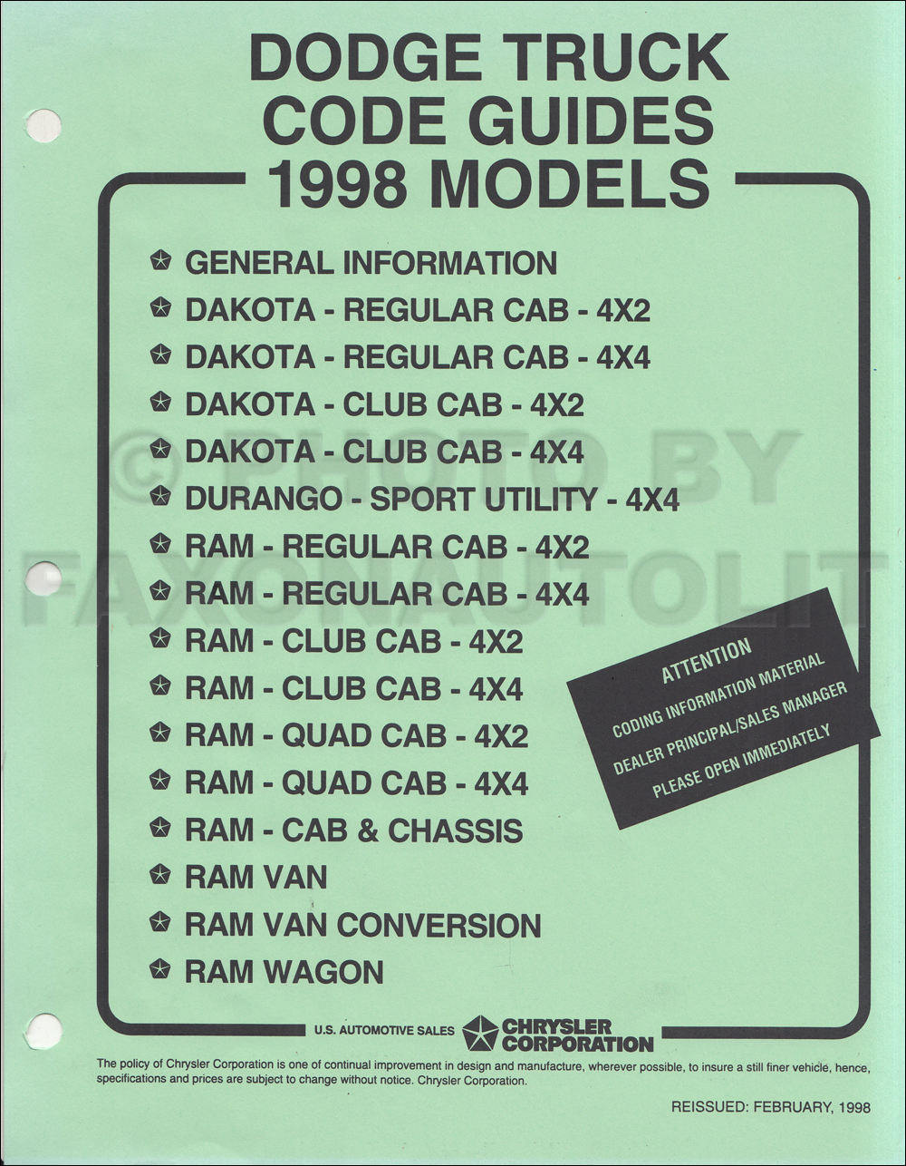 1998 Dodge Durango Repair Shop Manual Original $49.00. More Info · 1998 Dodge Truck Ordering Code Guide Original $99.00