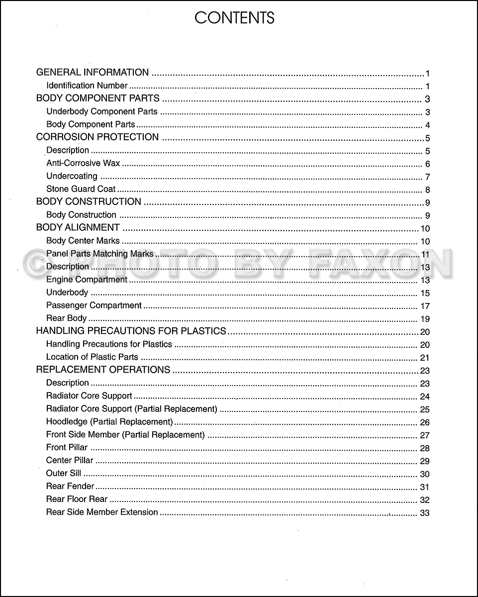 1998 Nissan Frontier Body Repair Manual Original · Table of Contents