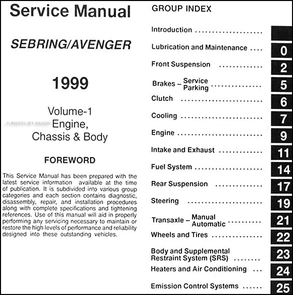 1999 Chrysler Sebring Dodge Avenger Repair Shop Manual