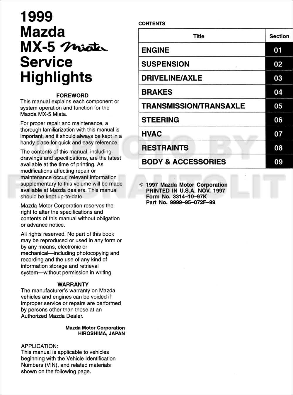1999 Mazda MX5 Miata Service Highlights Original Service Training