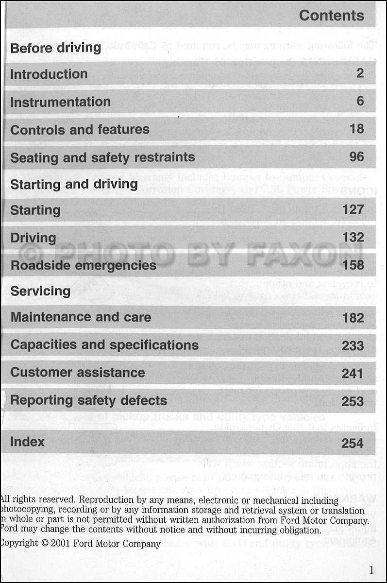 2001 Ford Explorer Sport Trac Owner's Manual Original · Table of Contents
