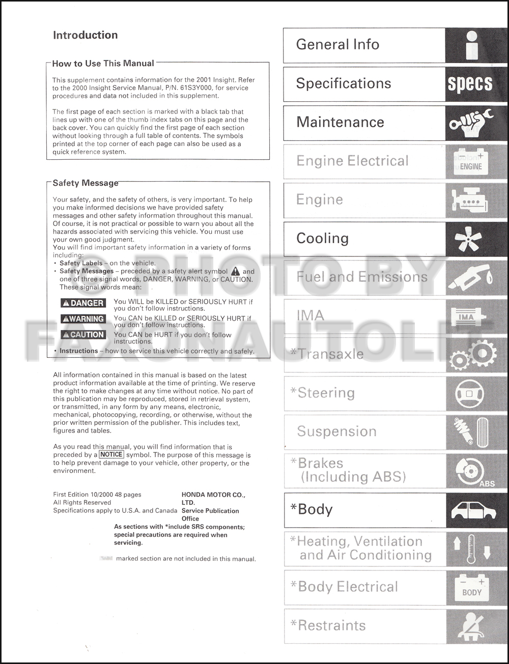 2001 Honda Insight Hybrid Repair Shop Manual Original Supplement 1st