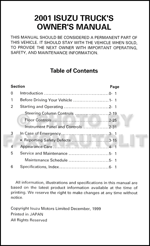 2001 Isuzu FRR Truck Owner's Manual Original