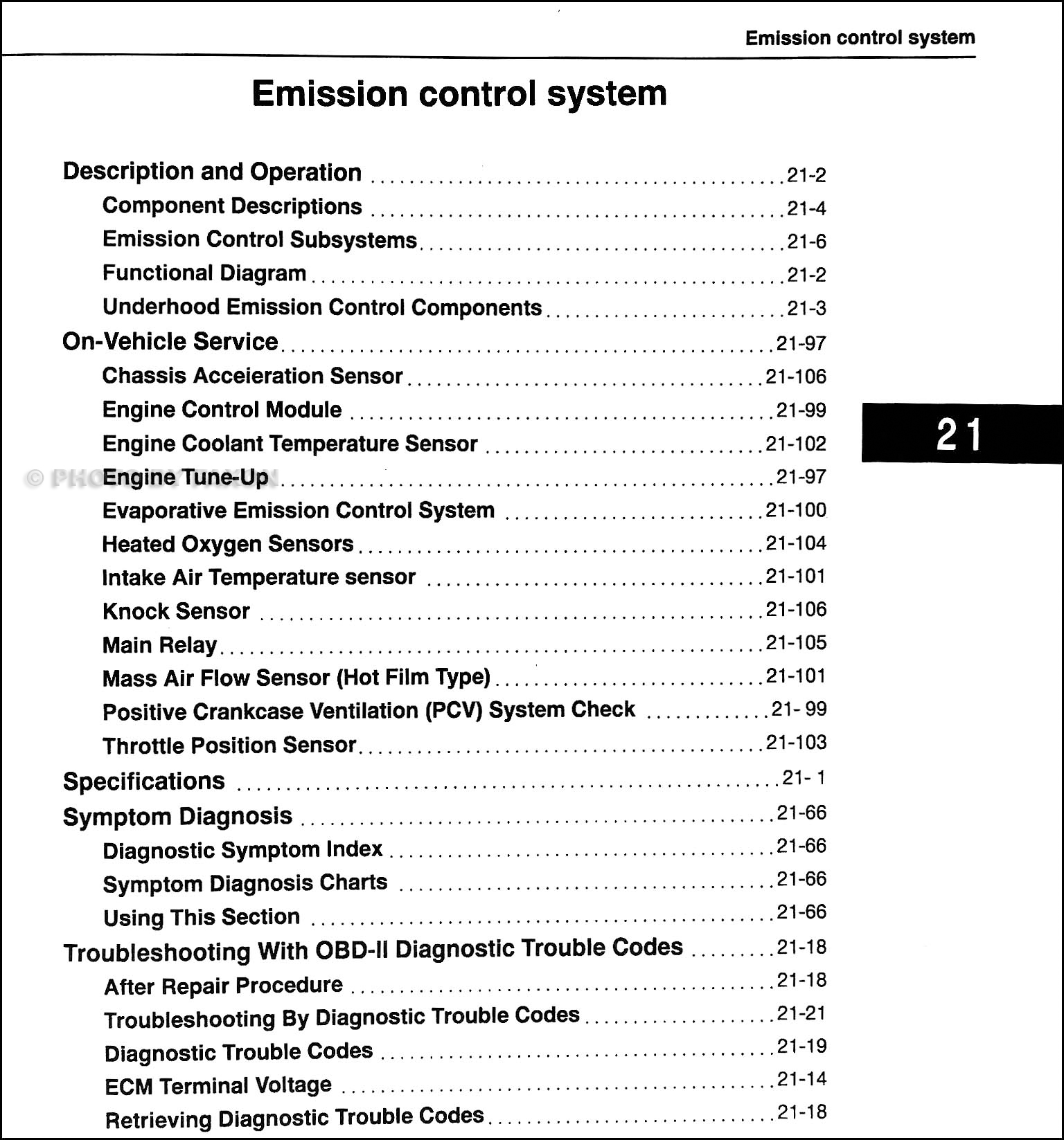 2001 Kia Sportage Repair Manual Original Supplement · Table of Contents Page